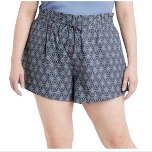 A NEW DAY Linen Rayon Geometric Drawstring Waist Paperbag Shorts Blue Gray NWOT